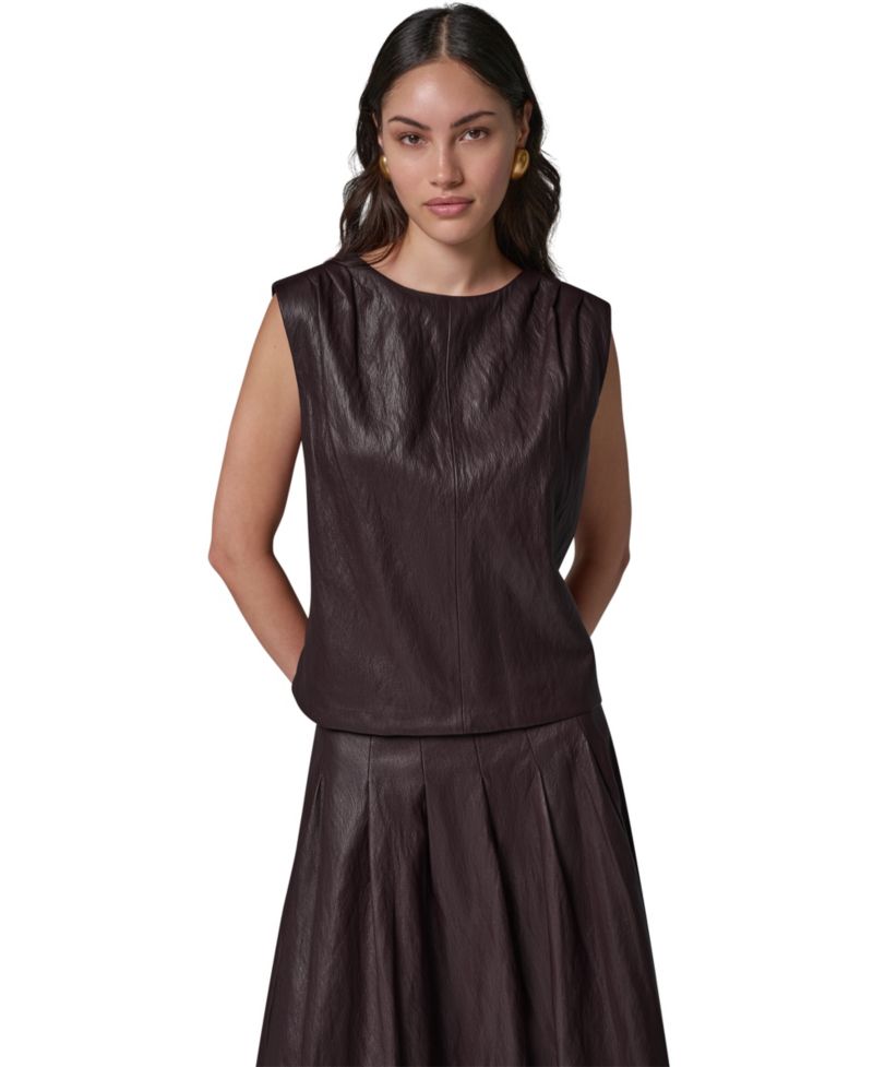 Women's Faux-Leather Sleeveless V-Back Blouse