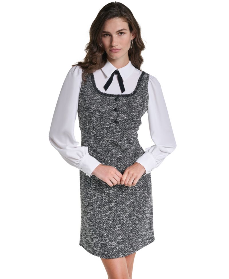 Women's Two-Tone Tweed Collared Long-Sleeve Shift Dress