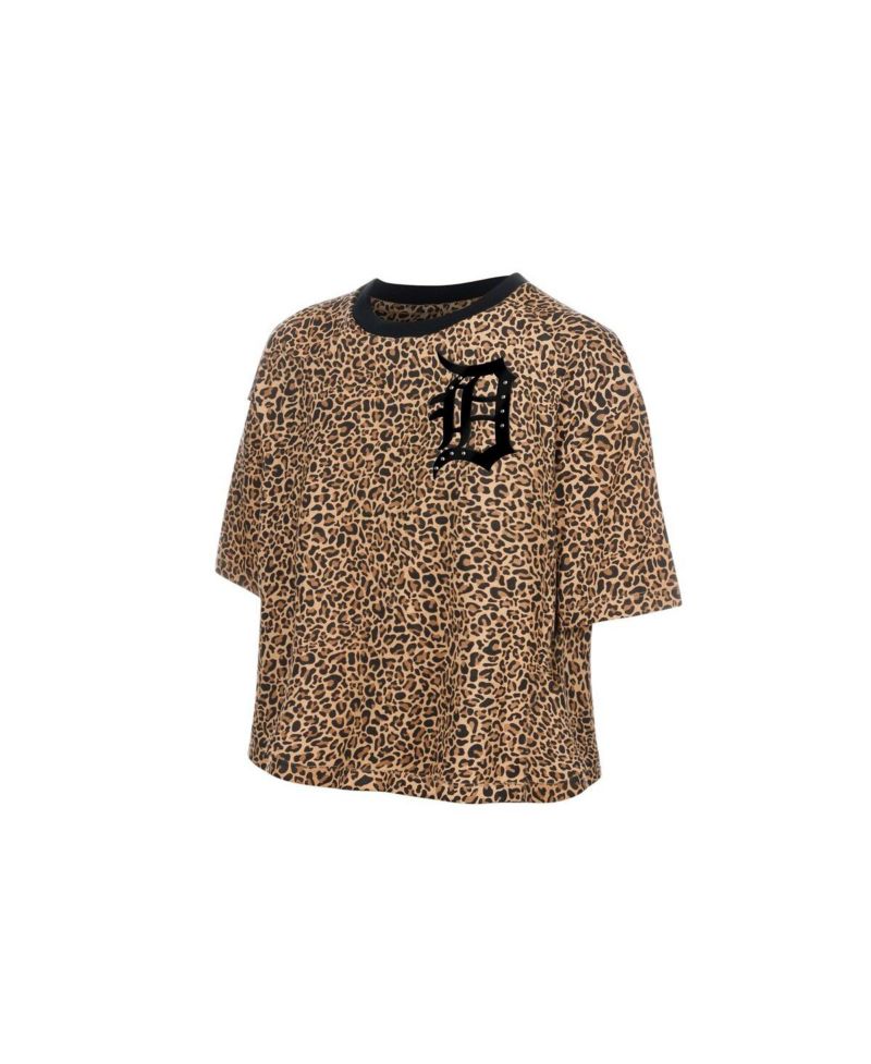 Women's Brown Detroit Tigers Leopard Boxy Cropped T-Shirt