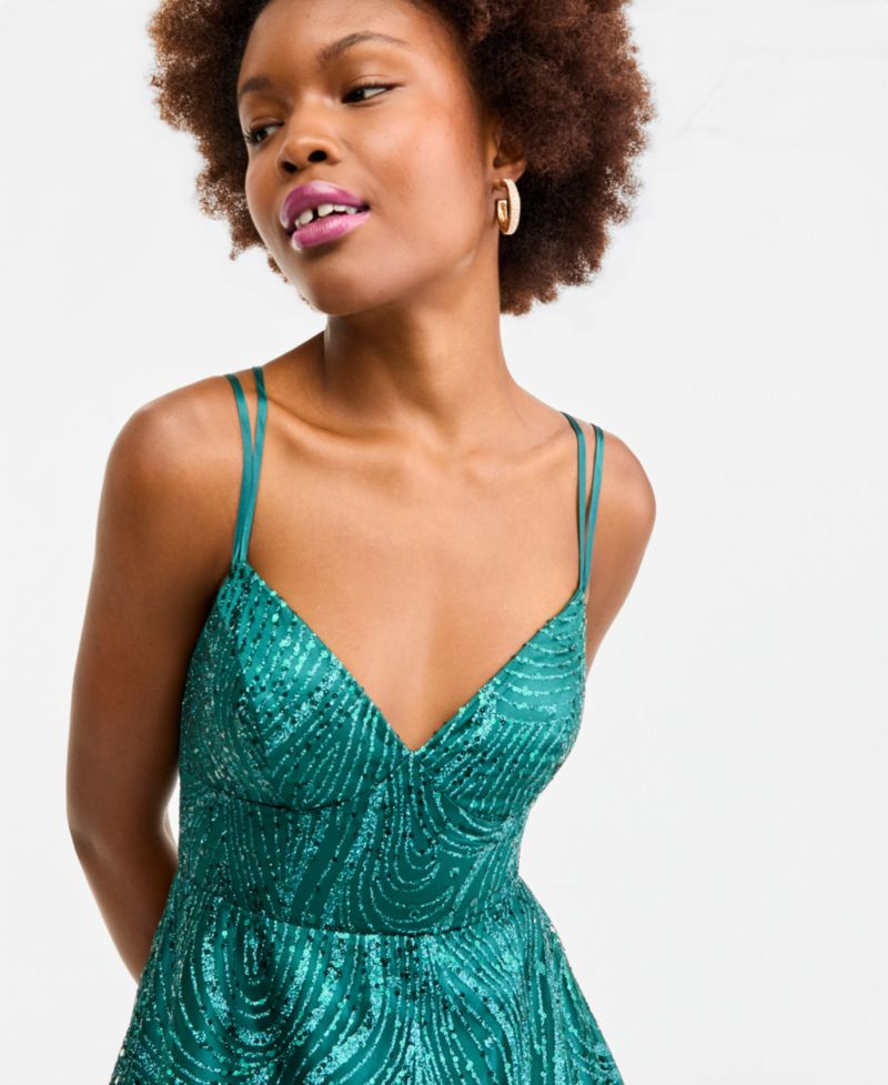 Juniors' Spaghetti Strap V Neck Glitter Pattern Gown with Lace Up Back