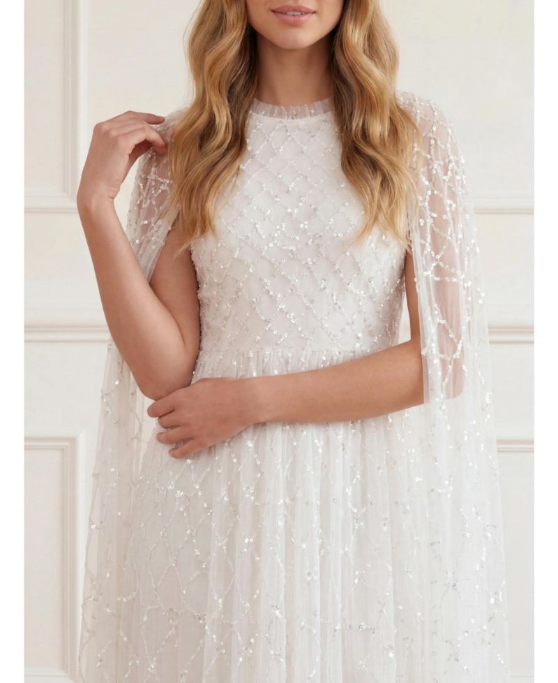 Women's Heart Lattice Cape Sequin-Embellished Floor-Length Gown