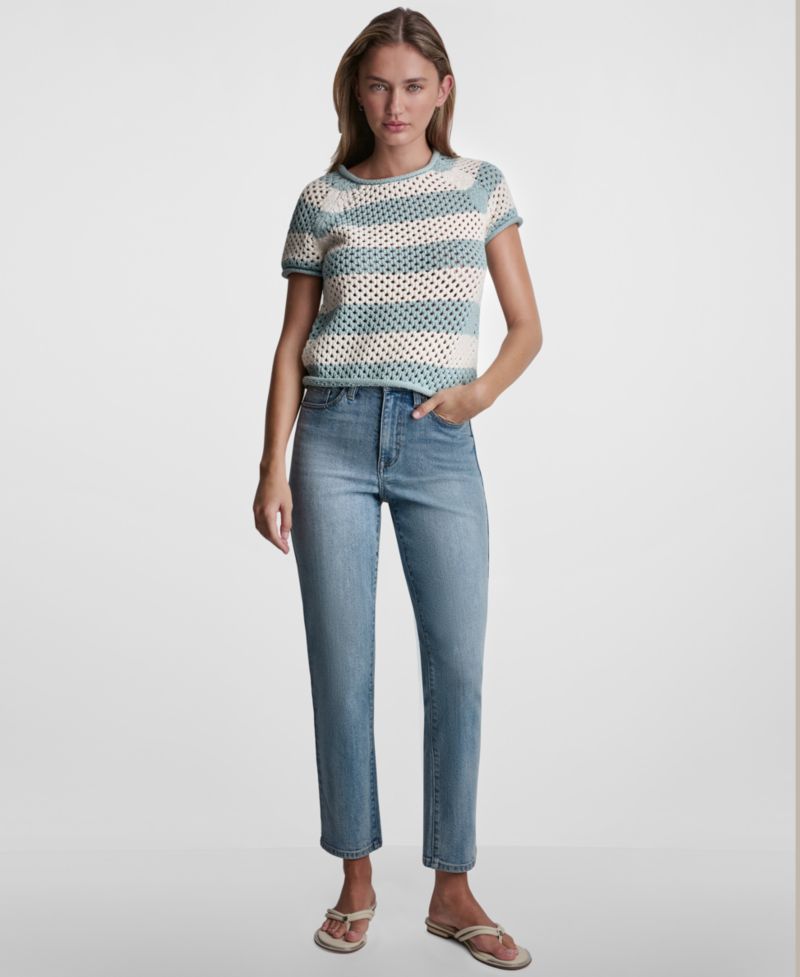 Petite Short-Sleeve Raglan Stripe Crewneck Pointelle Sweater