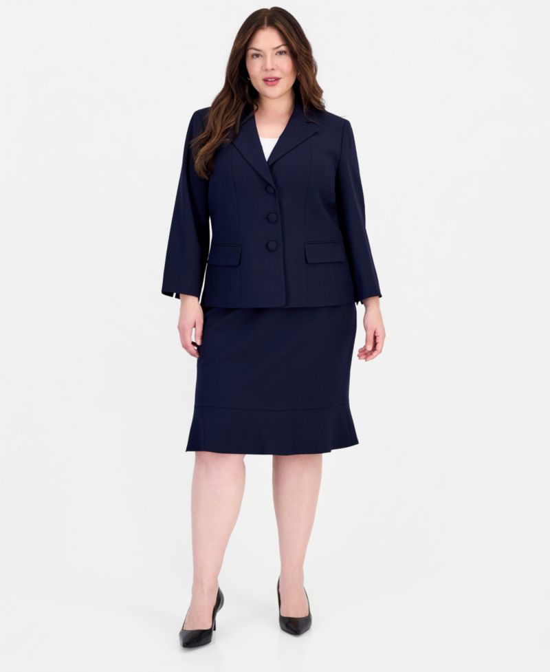 Plus Size Three-Button Notched Collar Blazer & Skirt Suit