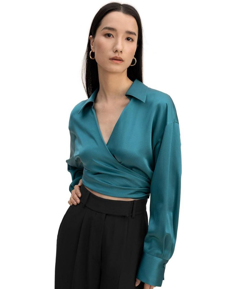 Women's Pure Silk Blouse Wrapover Cropped Shirt