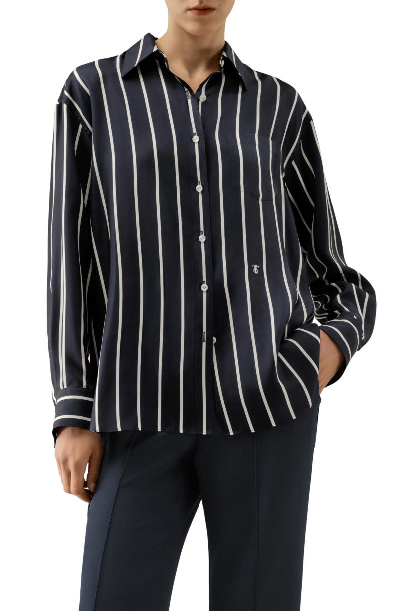 Women's Silk Twill Striped Button-Down Shirt