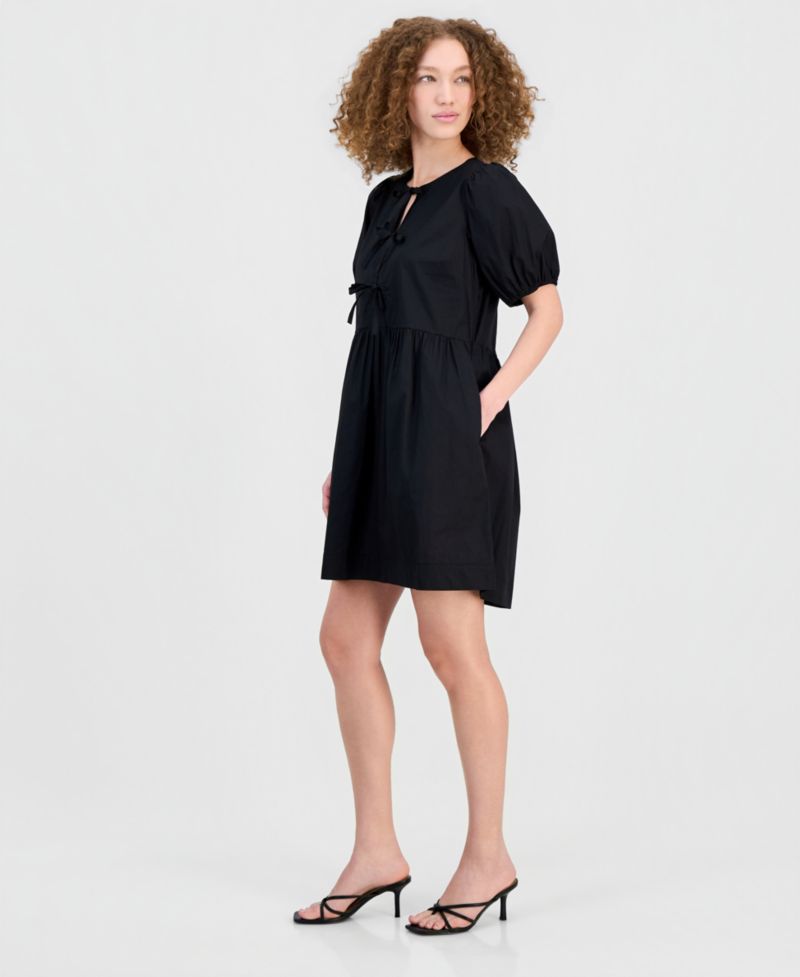 Women's Cotton Bow-Trim A-Line Mini Dress