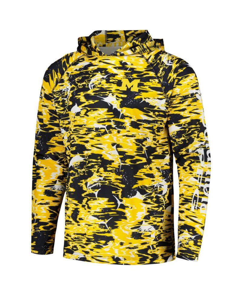 Men's Navy Michigan Wolverines PFG Terminal Tackle Omni-Shade Rippled Long Sleeve Hooded T-shirt