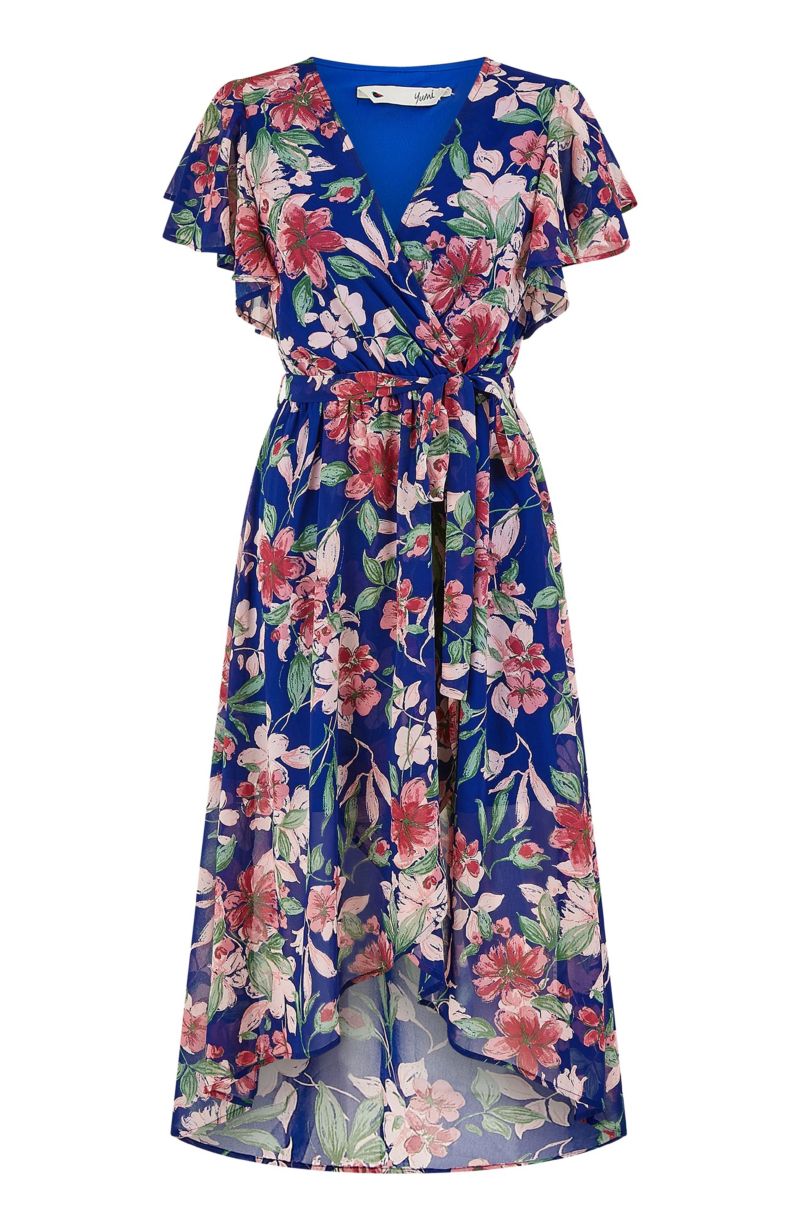 Women's Floral Wrap Midi Dress With Frill Hem