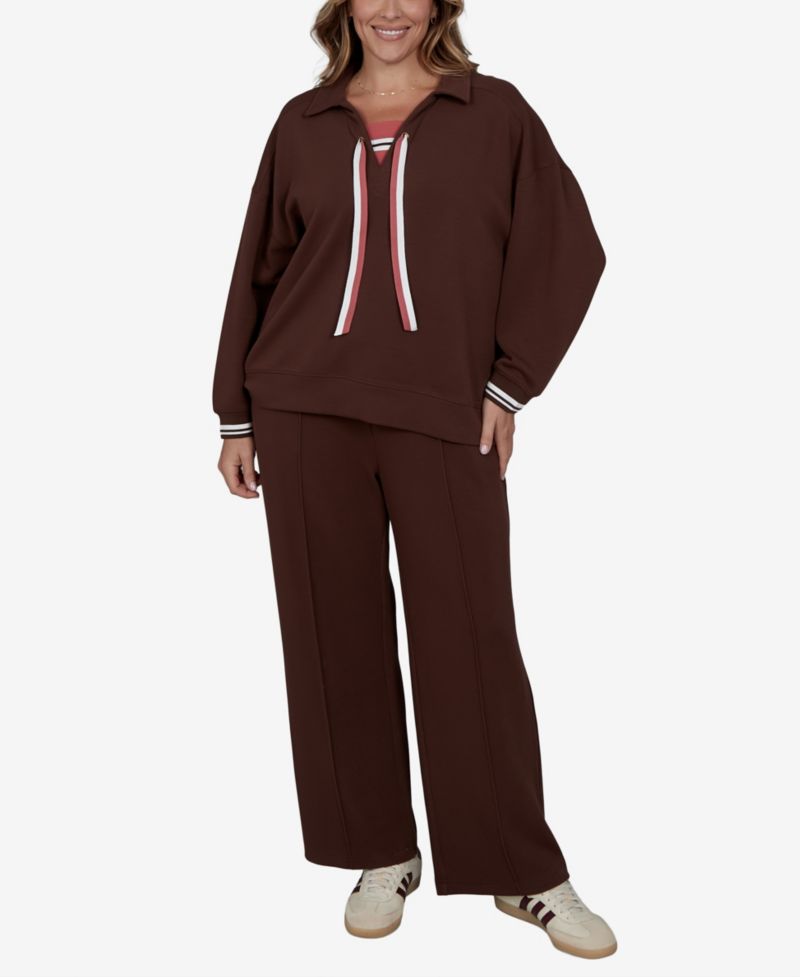 Plus Size Stripe Trim Drawstring Pullover Top