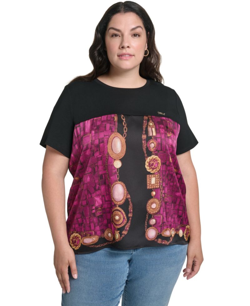Plus Size Gemstone Knit Placed-Print Crewneck Blouse