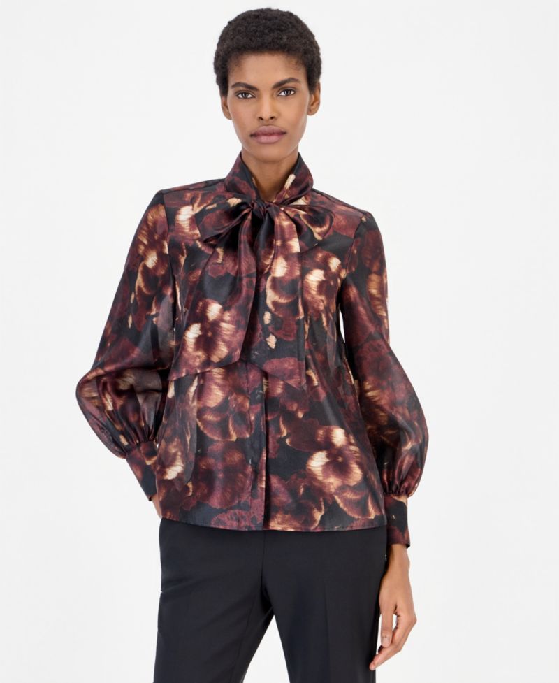 Women's Bow Neck Long Sleeve Floral Blouse