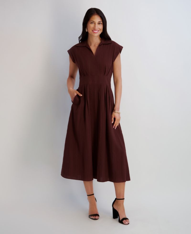 Women's Textured Stripe Midi Collared Shirt Dress