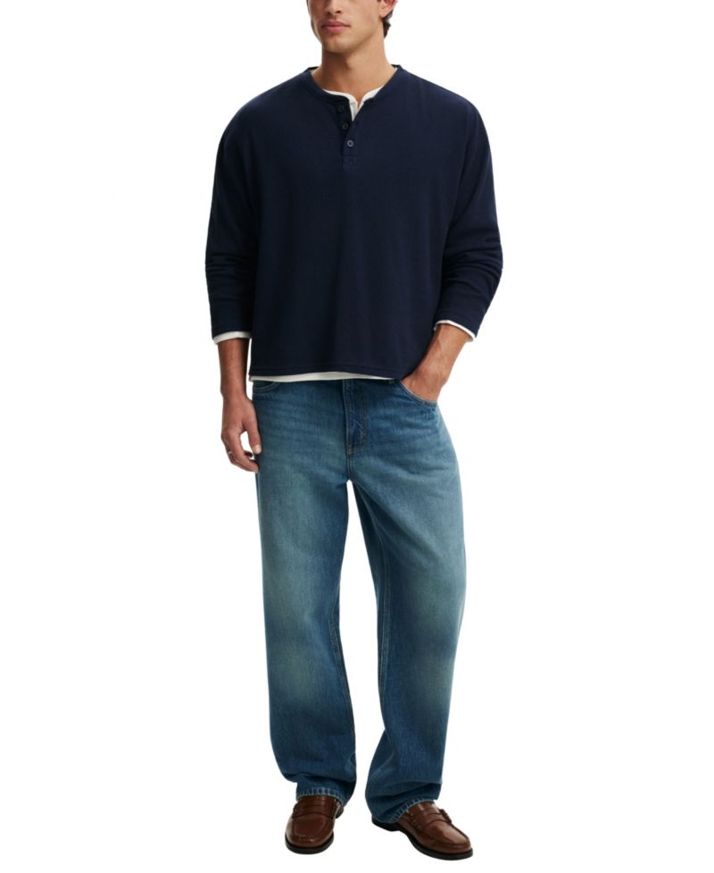 Men's Waffle-Knit Long-Sleeve Relaxed-Fit Cotton-Blend Henley