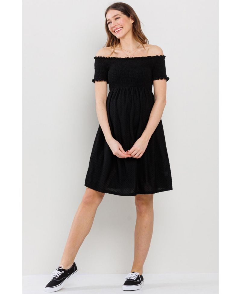 Women's Off-the-Shoulder Smocked Swiss Dot Dress with Pockets