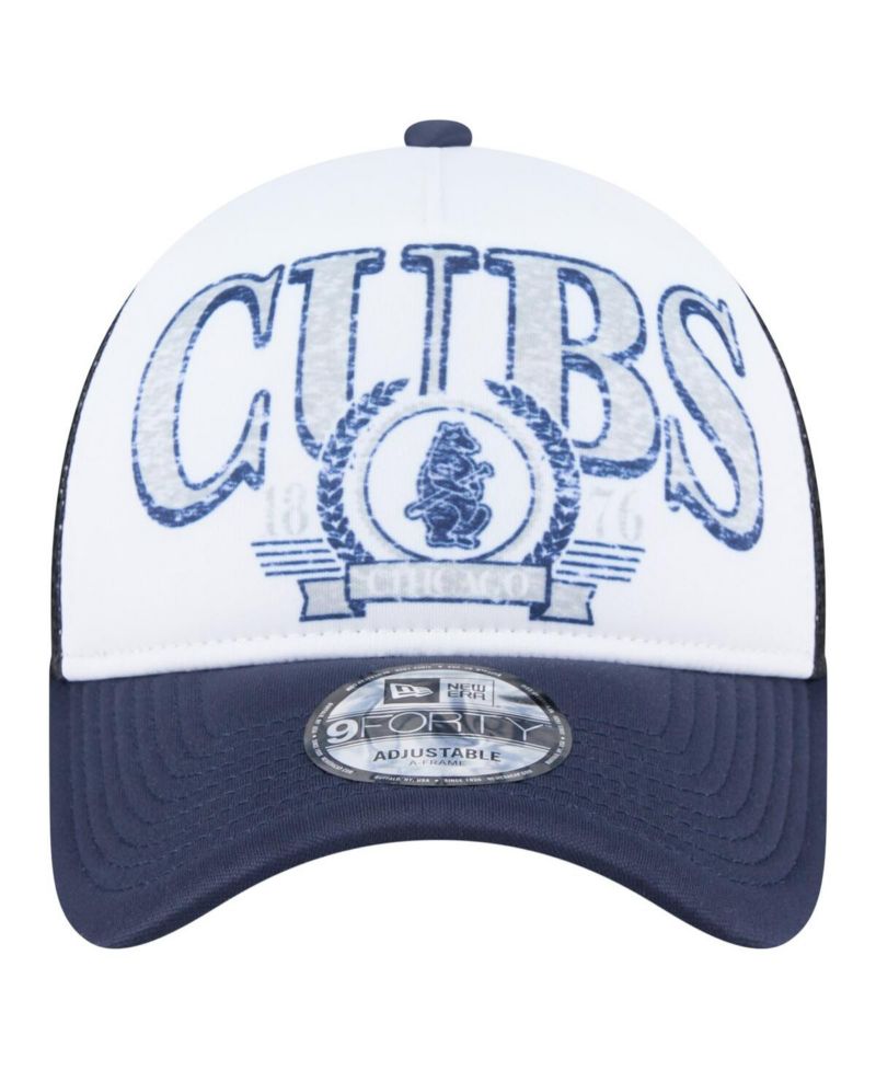 Men's White/Navy Chicago Cubs Distressed 9FORTY A-Frame Adjustable Trucker Hat