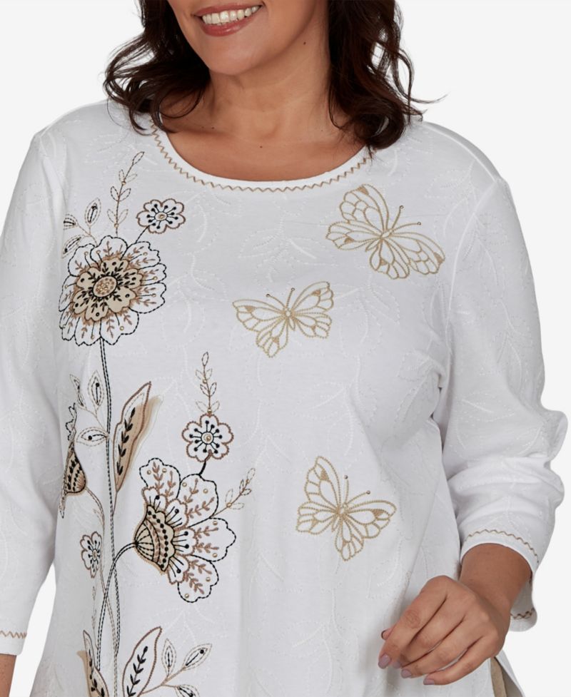 Plus Size Travel Advisory Floral-Embroidered 3/4-Sleeve Top