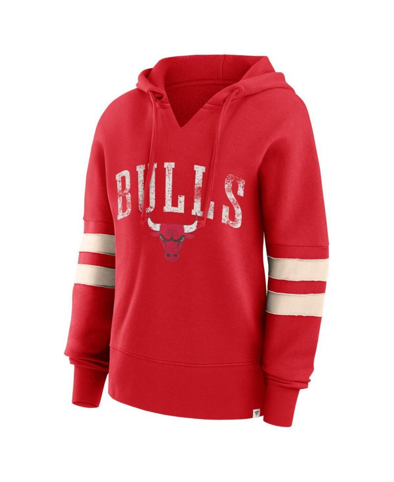 Women's Red Distressed Chicago Bulls Bold Move Dolman V-Neck Pullover Hoodie