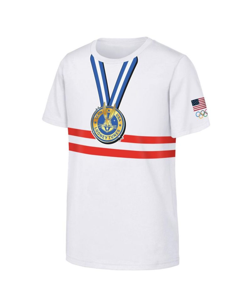Big Boys and Girls White Team USA Looney Tunes Gold Medal Winner T-Shirt