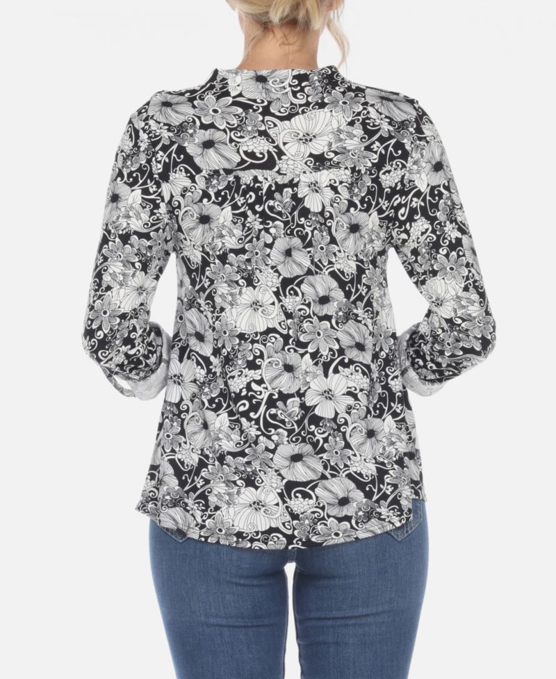 Plus Size Pleated Long Sleeve Floral Print Blouse