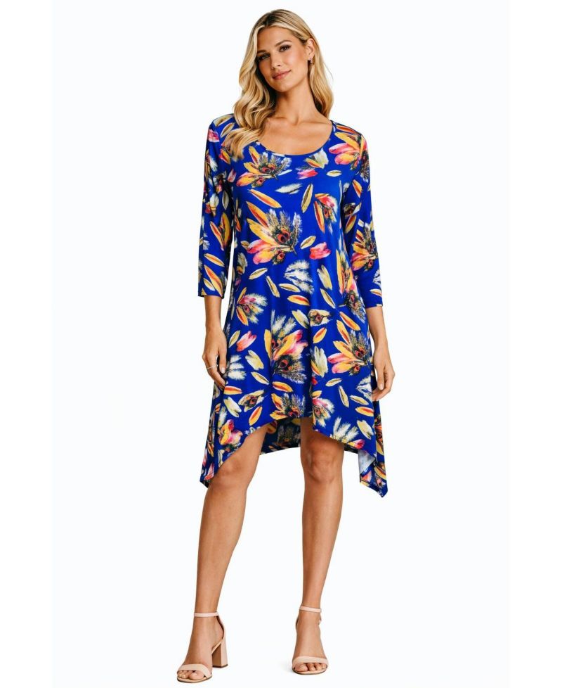 Women's Shark-Bite Asymmetrical Tropical Print Knit Resort Dress