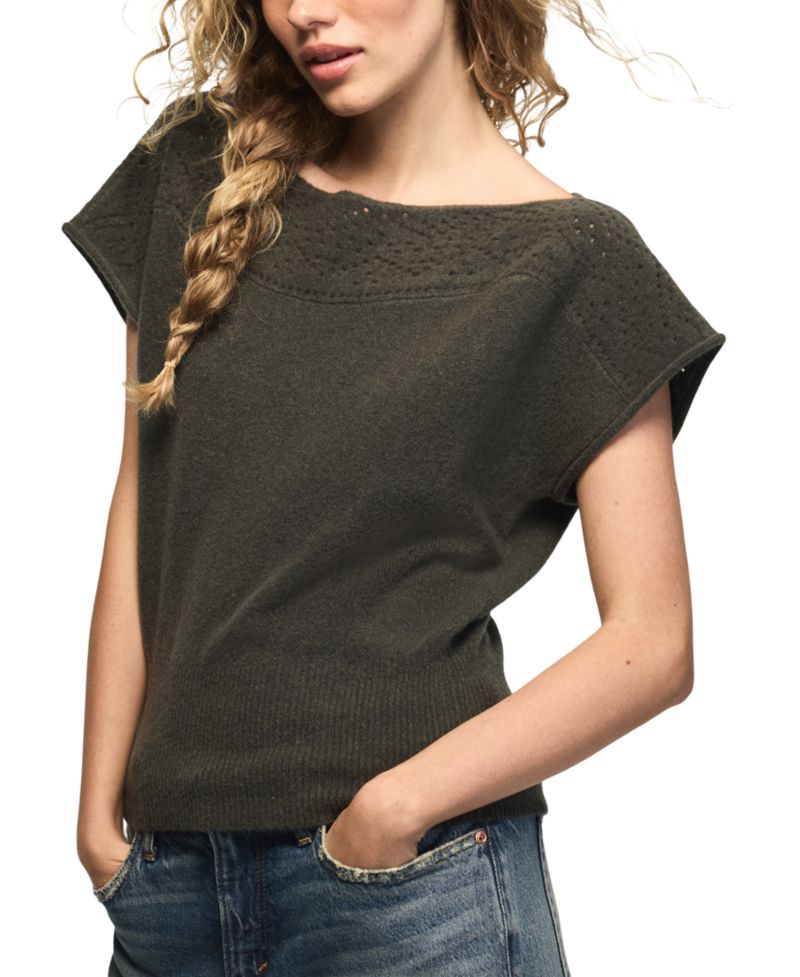 Women's Pointelle Boat Neck Short-Sleeve Sweater