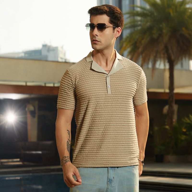 Men's Ash Brown Crease-Tactile Cuban Polo T-Shirt