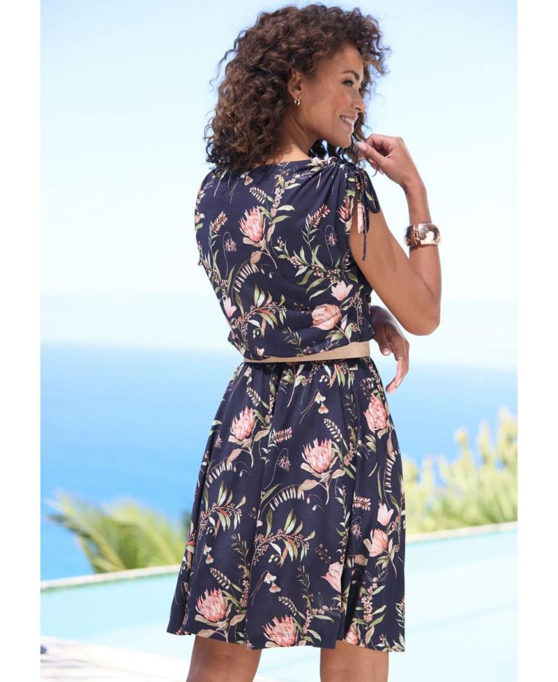 Women's Viscose Printed Tie Detail Fit-and-Flare Short Dress