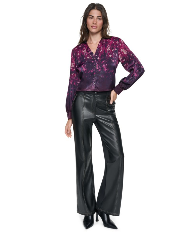 Women's Long-Sleeve Button-Down Faux Leather Collar Blouse