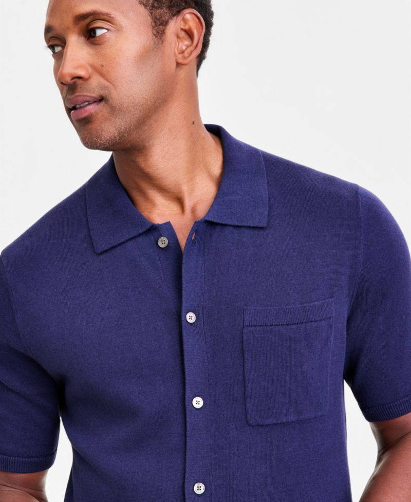 Men's Short-Sleeve Linen and Cotton Button Sweater Polo Shirt