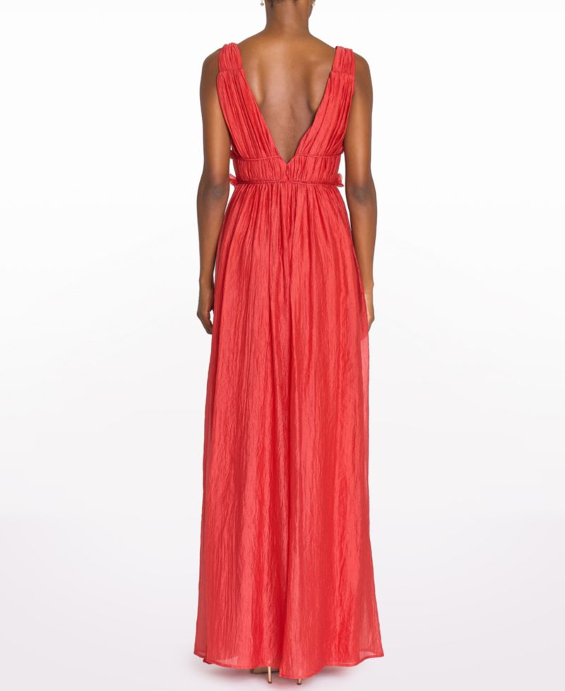 Women's V-Neck Long Gown with 3D Flower Details at Waist