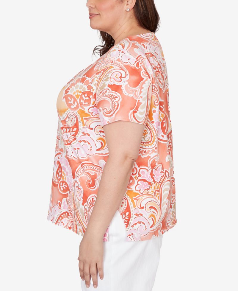 Plus Size Paisley Beaded Neck Pleated T-Shirt