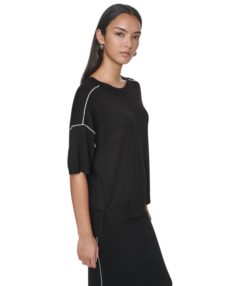 Women's Short-Sleeve Pointelle-Mesh Contrast-Trim Sweater