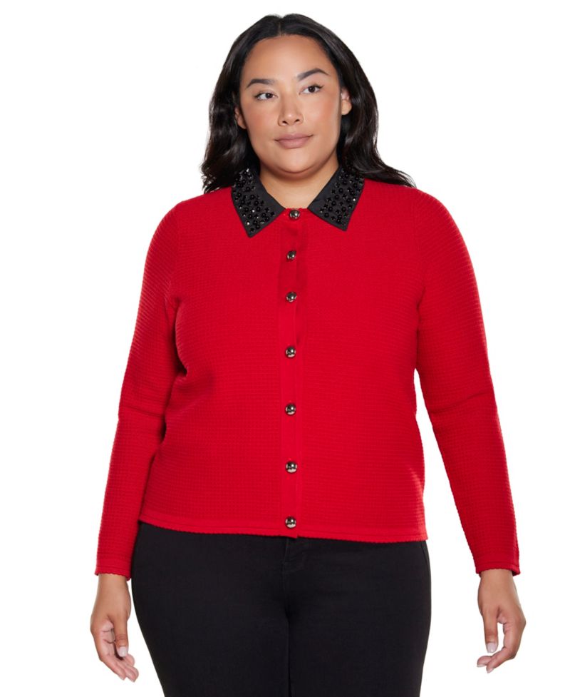 Plus Size Embellished Long Sleeve Cardigan Sweater