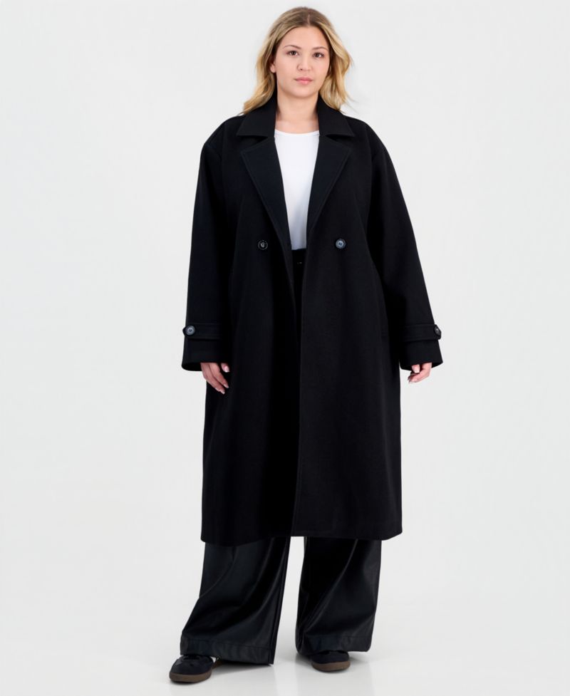 Women's Plus Size Double-Breasted Patch-Pocket Maxi Coat
