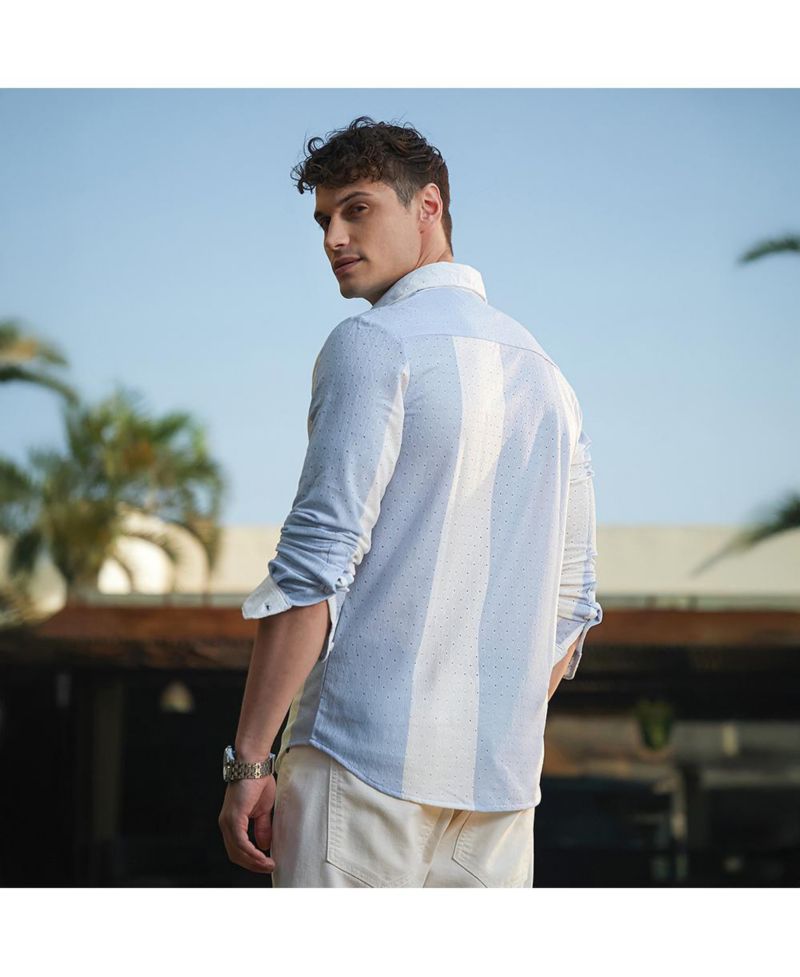 Men's Powder Blue & Daisy White Panel-Tactile Shirt