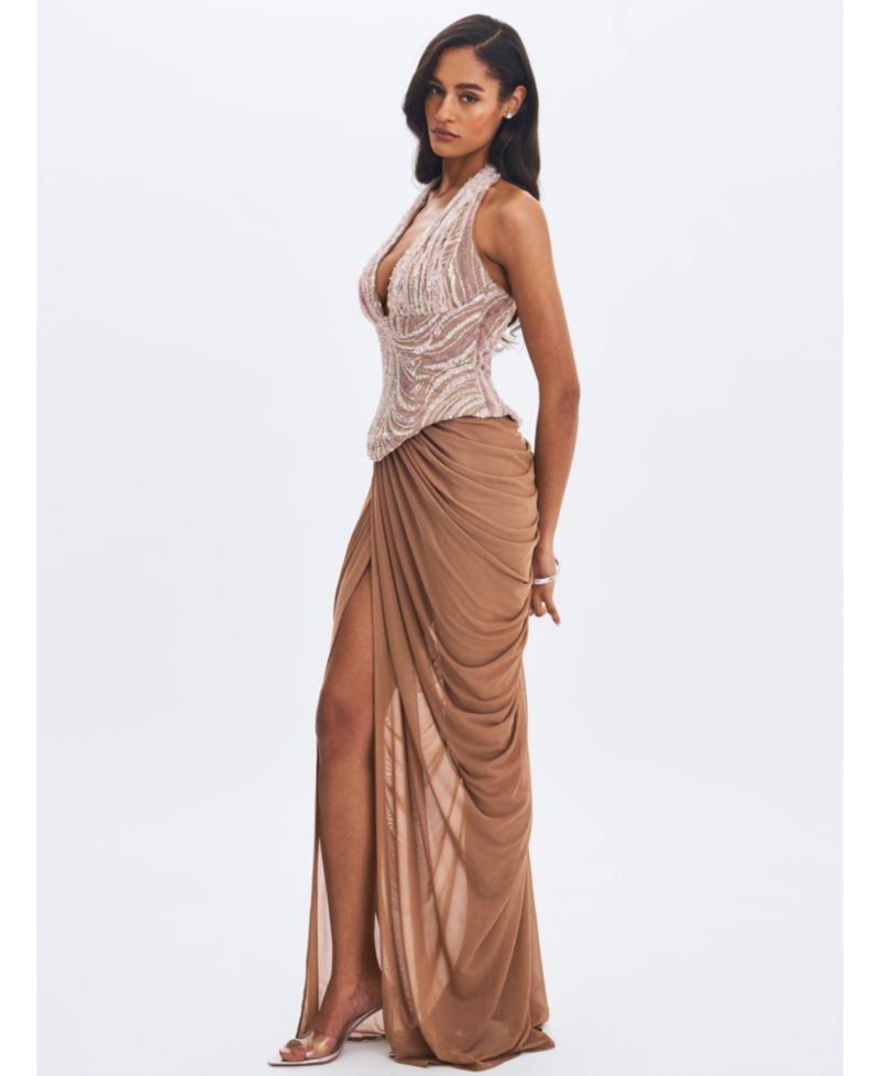 Women's Nancie Apricot Beaded Halter Peplum Pleated Maxi Dress