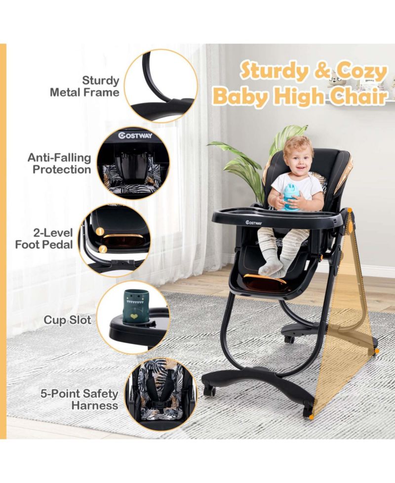 Baby High Chair with Wheel Folding Baby Dining Adjustable Height