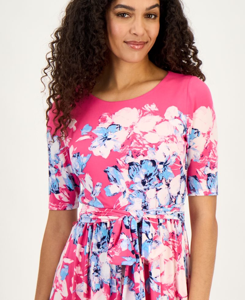 Women's Printed Tie-Waist Midi Dress, Regular & Petite