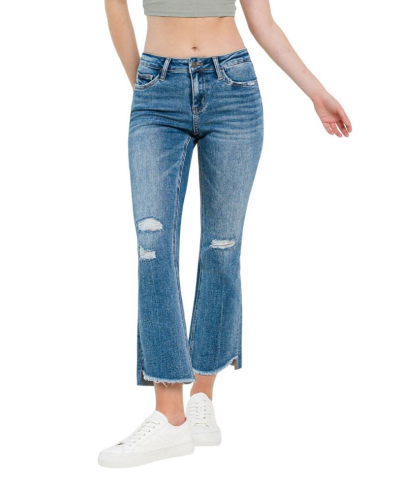 Women's Mid Rise Uneven Hem Ankle Kick Flare Jeans