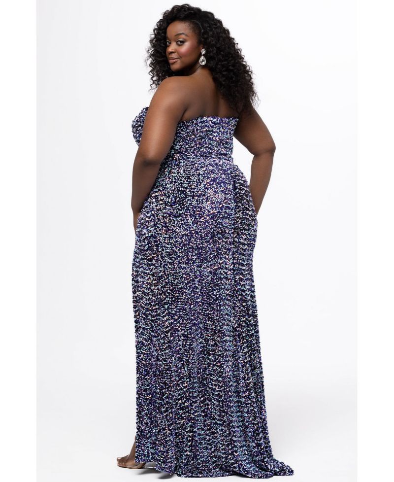 Women's Strapless Purple Multi Sequin Velvet Fitted Formal Dress with Slit