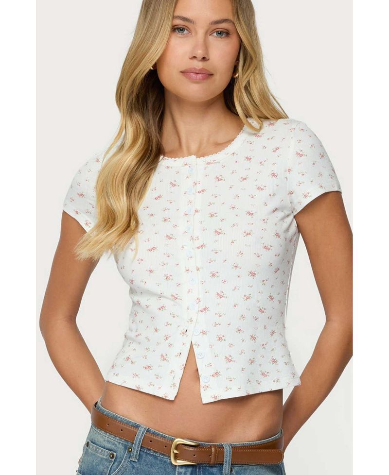 Women's Odella Floral Ribbed Button Up Top
