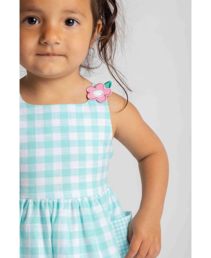 Little Girl Gingham Linen Look Dress With Flowers