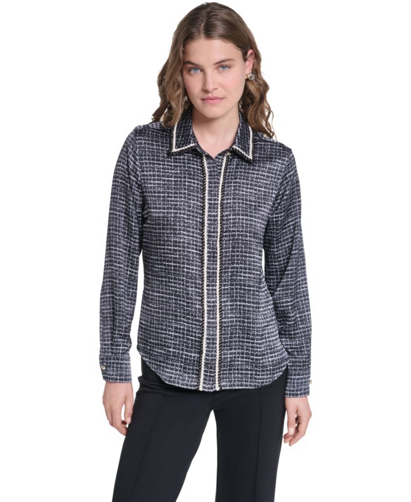 Petite Print Tweed Trim Top