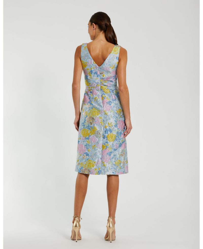 Women's Floral Brocade Sleeveless Midi Dress With Bow