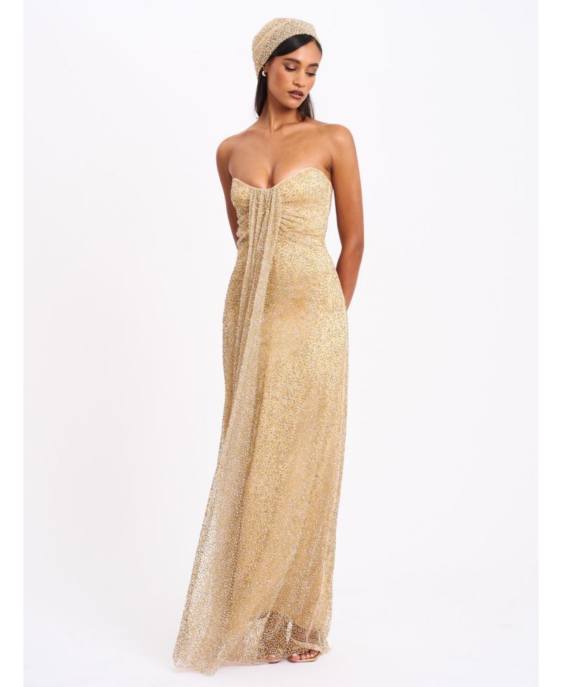 Women's Ada Gold Rhinestone Embellished Strapless Gown with Head Scarf