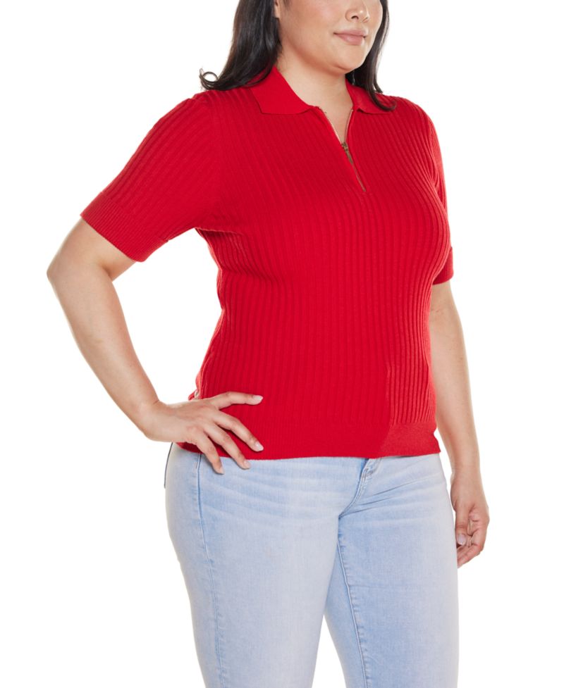Plus Size Collared Quarter-Zip Ribbed-Knit Sweater