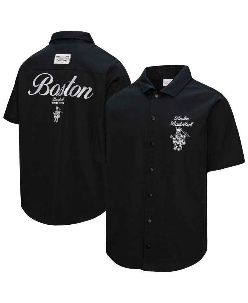 Men's Black Boston Celtics Hardwood Classics Camp Shirt