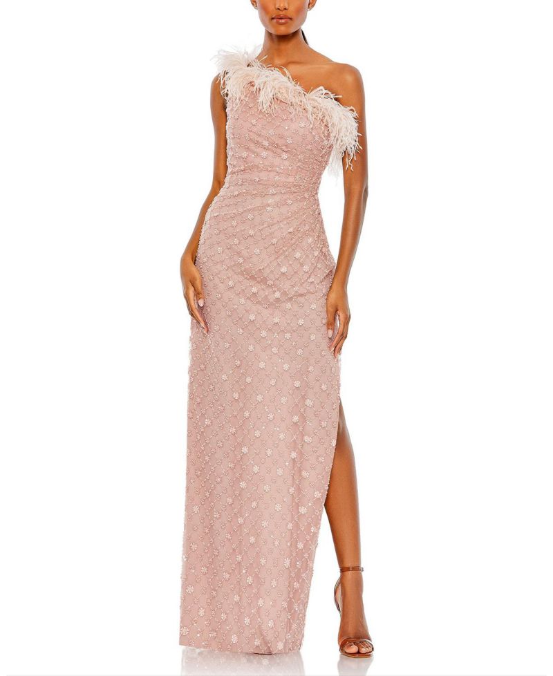 Women's Embellished One Shoulder Feathered Gown