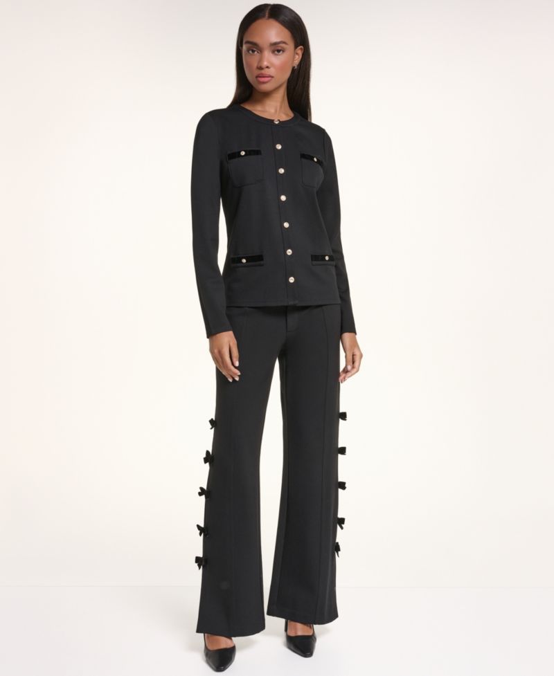 Petite Soft Set Bow Bottom Wide-Leg Velvet Pants