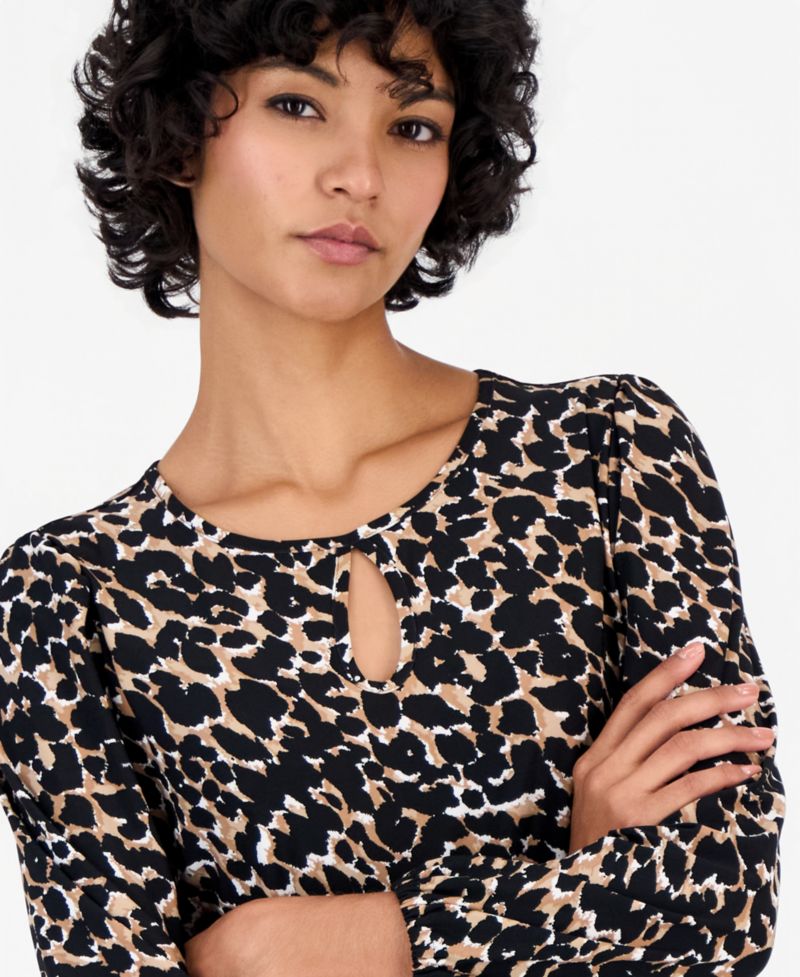 Petite Long-Sleeve Keyhole Blouse